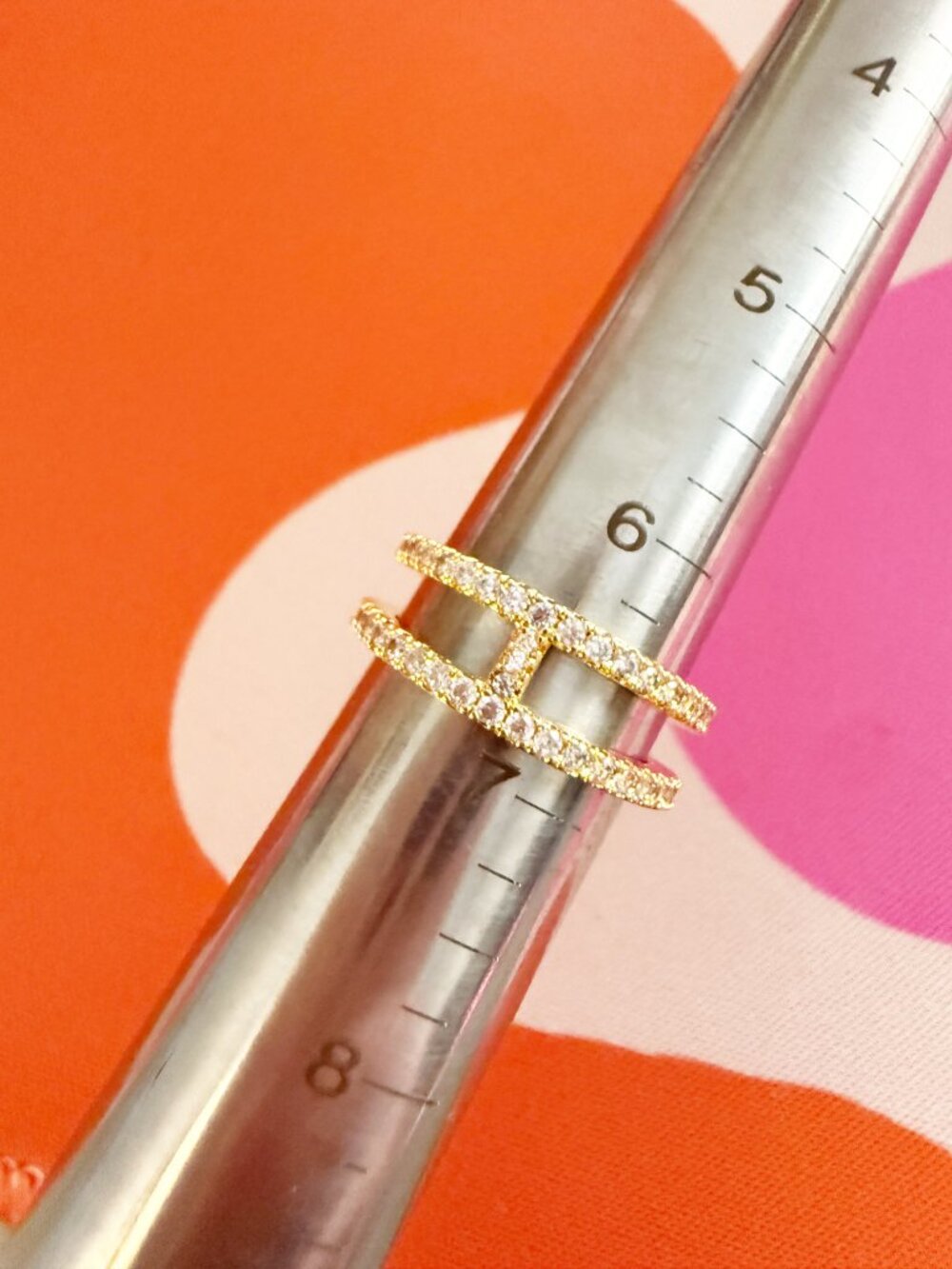 Crystal Embedded Gold Tone H Open Ring / Ear Cuff sz 6.5 - Picture 7 of 10